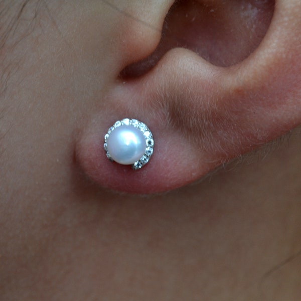 925 Sterling Silver Genuine Fresh water White Pearl Stud Earrings - Wedding, Bridal, Bridesmaid, Christmas, Valentine's Gifts
