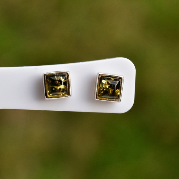 925 Sterling Silver Authentic 5mm Square Mini Green Amber Studs, Natural Stone Stud Earrings