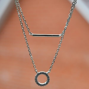Sterling Silver 925 Straight Bar and CZ Set 8mm Circle Layered Necklace on 16-18 inch Curb Chain