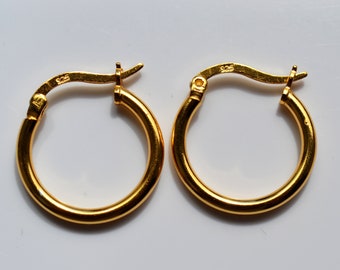 925 Sterling Silver Yellow Gold Plated Plain 13mm or 18 mm Creole Hoop Earrings - Birthday, Valentines Day, Party, Christmas gift