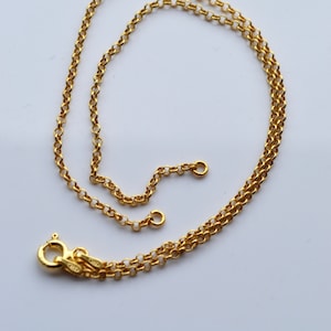 May include: A gold chain necklace with a lobster clasp. The chain is made of small, linked circles.