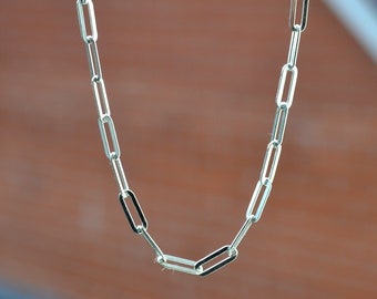 Sterling Silver 925 10mmx3mm Wide Paper Clip Chain Necklace 18 inch or 18+2, 20&quot; inch  - Trendy Minimalist Choker Style, Great for Layered