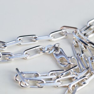May include: A silver chain necklace with a lobster clasp fastening. The chain is made of interlocking oval links.