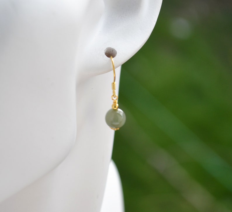 925 Sterling Silver Yellow Gold Plated Authentic 7mm Green Jade Hookwire Earrings, Natural Stone Earrings - Oriental Style Bild 9