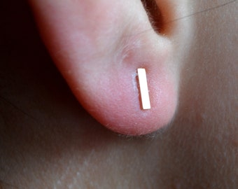 Può includere: Primo piano di un orecchio con un piccolo orecchino a barra d'oro.