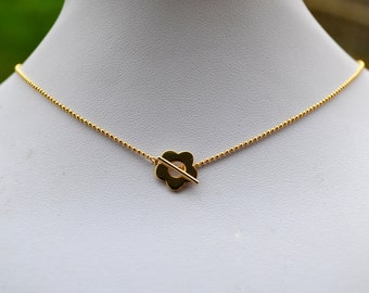 Sterling Silver 925 Yellow Gold Plated Mini Ball with Flower T-Bar 16" Choker Necklace  - Choker Necklace, Layered Neclace