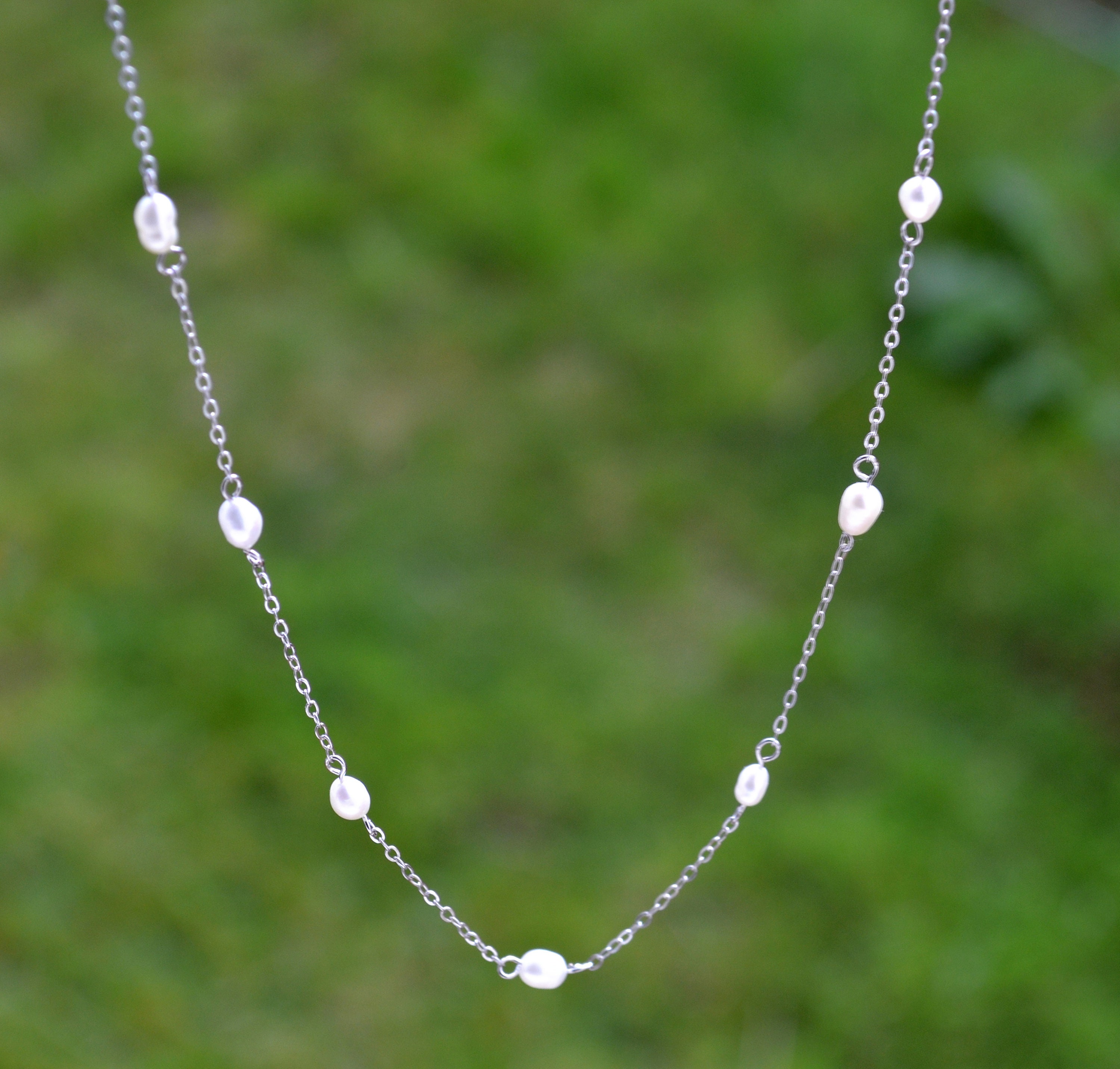 Sterling Silver 925 7 Mini Oval Fresh Water Pearl Stationed