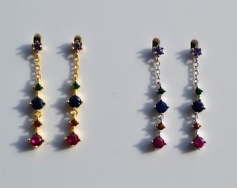 Sterling Silver 925 Pair of Earrings, Silver or Yellow Gold Plated Silver Multi-Coloured CZ Long Drop Stud Earrings