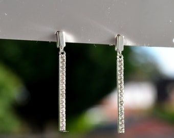 925 Sterling Silver CZ Extra Long Bar Studs, Bar Earrings - Minimalist Earrings, Geometric Jewellery