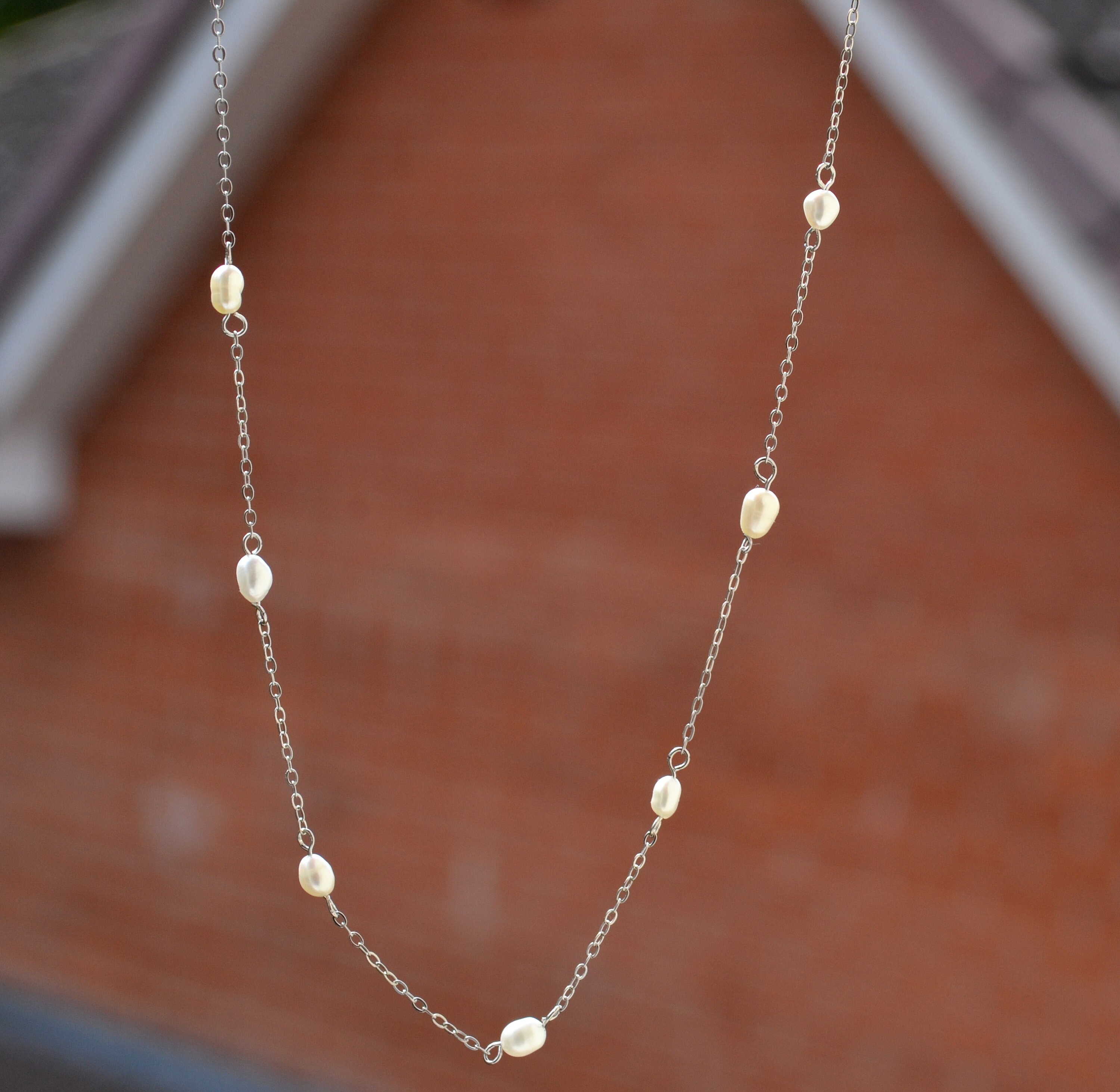 Sterling Silver 925 7 Mini Oval Fresh Water Pearl Stationed