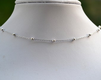 Sterling Silver 925 Rhodium Plated Mini Balls and Rolo Chain Choker Necklace 14-16 inch or 35cm - 40cm Long