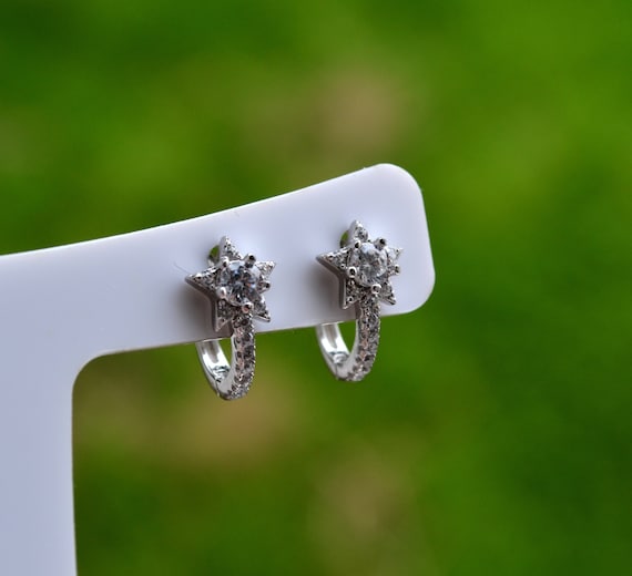 925 Argento Sterling Orecchini Con Zirconi Incastonati/Orecchini / Vero 1,8g