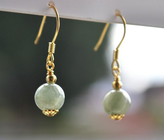 925 Sterling Silver Yellow Gold Plated Authentic 7mm Green Jade Hookwire Earrings, Natural Stone Earrings - Oriental Style