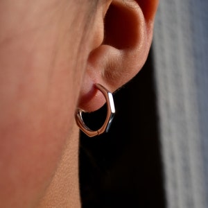 Sterling Silver 925 Huggies Silver or Black Hexagon 16mm Large Hoop Minimalist Earrings, Hoops, Thin Hoops