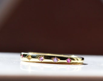 Sterling Silver 925 Yellow Gold Plated 2mm Wide Multi Coloured CZ Star Set Closed Ring Size L, N and O Not Adjustable