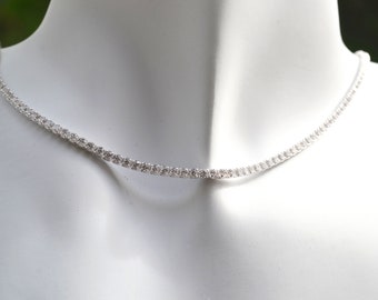 Sterling Silver 925 2mm White CZ Set Tennis Deluxe Necklace 15.5-18 inch Necklet - Mother's Day, Wedding, Bridesmaids, Valentines Day gift