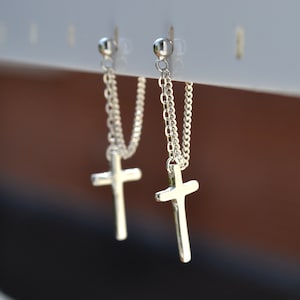 Orecchini a forma di croce a catena lunga in argento sterling 925, mini borchie a forma di croce, orecchini minimalisti, gioielli geometrici