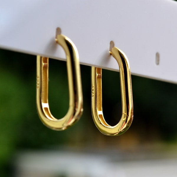 Sterling Silver 925 Huggies Yellow Gold Plated Heavy Weight Large 25mm Rectangle Hoop Minimalist Earrings, Hoops, Thick Hoops