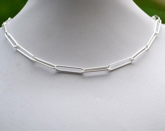 Sterling Silver 925 3mm Wide Rectangle  Paper Clip Chain Choker Necklace 16 inch - Trendy Minimalist Choker Style, Great for Layered