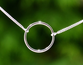 Sterling Silver 925 Rhodium Plated Open Circle Necklace on 15-16 or 16-18 inch Curb Chain-Mother&#39;s Day, Bridesmaids, Valentines Day gift