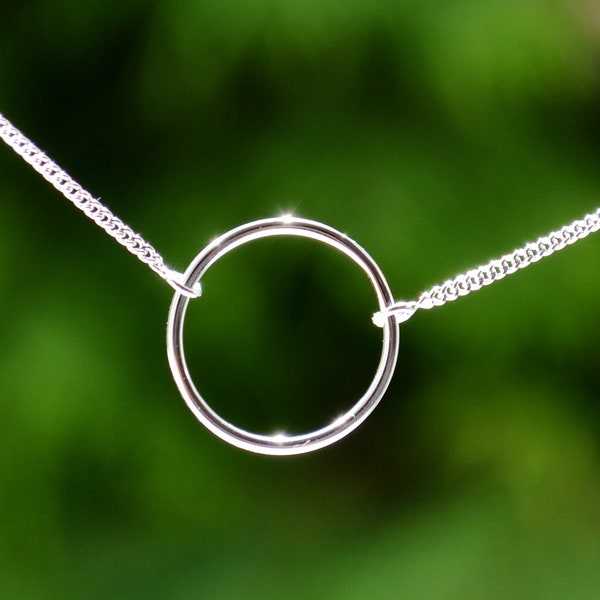 Sterling Silver 925 Rhodium Plated Open Circle Necklace on 15-16 or 16-18 inch Curb Chain-Mother's Day, Bridesmaids, Valentines Day gift