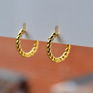 Sterling Silver 925 Yellow Gold Plated Huggies Twist Plait 14mm Hoops Earrings, Tiny Hoops, Thin Hoops