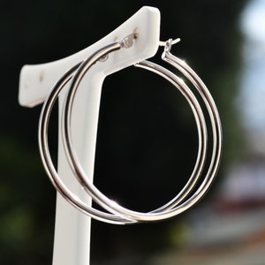 May include: Silver hoop earrings with a double hoop design. The earrings are displayed on a white stand.