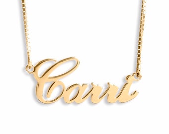 Sterling Silver 925 Personalised Carrie Font Yellow Gold Plated Name Necklace Multiple Lengths Box Chain - Any Name