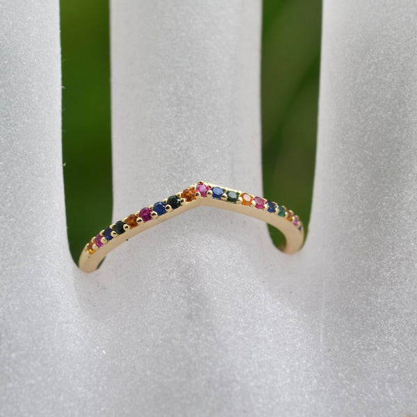 Sterling Silver 925 Yellow Gold Plated Multi CZ Rainbow Coloured Wishbone Band Closed Ring Size L1/2, O and Q Not Adjustable