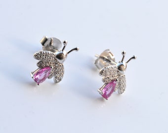 Sterling Silver 925 Pink CZ Large Bee Stud Earrings - Animal Insect Jewellery