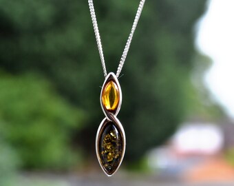 925 Sterling Silver Genuine Natural 2 Colour Amber Figure of 8 Pendant With or Without 18" Silver Curb Chain, Amber Jewellery