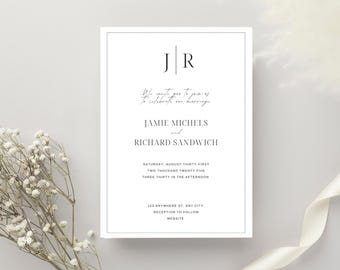May include: A minimalist wedding invitation with the initials "JR" at the top. The invitation is for Jamie Michels and Richard Sandwich, and it states the wedding will take place on Saturday, August 31st, 2025 at 3:30 PM. The invitation also includes the address and website for the reception.