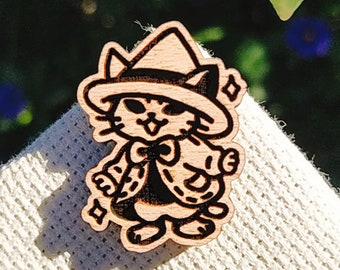 Wizard Cat Wood Pin ~ Halloween Pin ~ Laser Etched Wood Pin | Laser cut Jewelry | Wood Accesories | Wood Pin | Handmade Pin | Wood Brooch