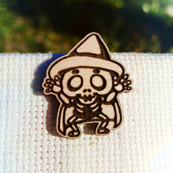 Kawaii Halloween Pin Wizard Skeleton Pin Laser Etched Wood Pin Laser  cut Jewelry Wood Accessories Wood Pin Handmade Pin