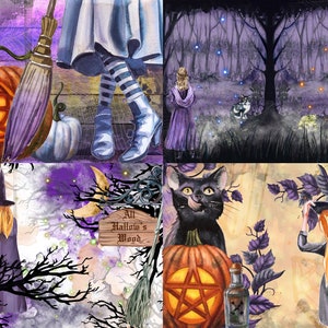 May include: A collage of four images with a Halloween theme. The top left image shows a pumpkin with a Celtic knot carved into it, a frog, and a broom. The top right image shows a girl in a purple dress walking through a forest with a cat. The bottom left image shows a witch walking through a forest with a sign that says "All Hallow's Wood". The bottom right image shows a witch with a black cat and a pumpkin with a pentagram carved into it.