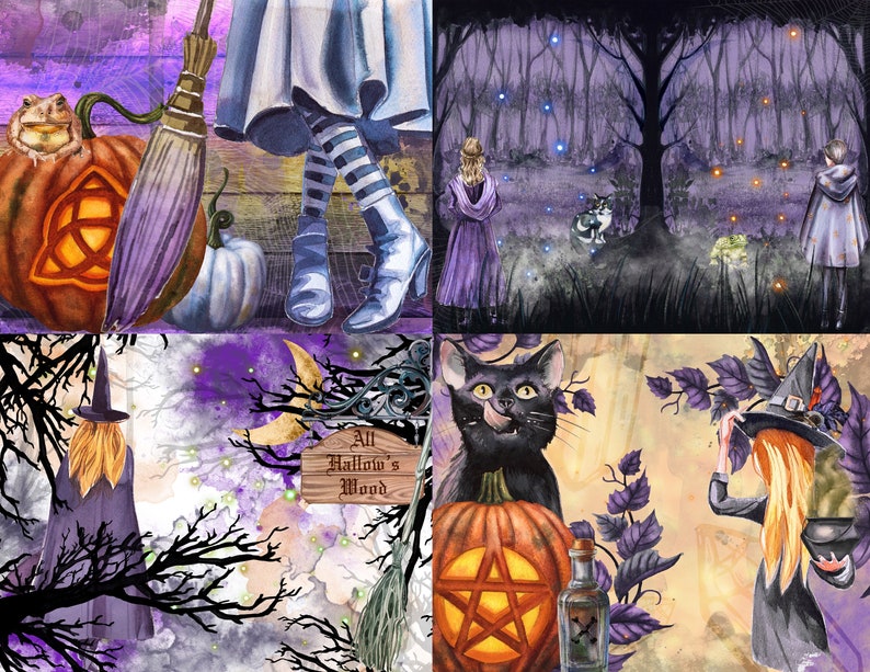 May include: A collage of four images with a Halloween theme. The top left image shows a pumpkin with a Celtic knot carved into it, a frog, and a broom. The top right image shows a girl in a purple dress walking through a forest with a cat. The bottom left image shows a witch walking through a forest with a sign that says "All Hallow's Wood". The bottom right image shows a witch with a black cat and a pumpkin with a pentagram carved into it.