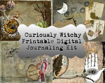 May include: A digital printable journaling kit with a vintage aesthetic. The kit features images of a clock face, a bird, a hand with an eye, and a bottle of potion. The text "Curiously Witchy Printable Digital Journaling Kit" is displayed in a white banner.