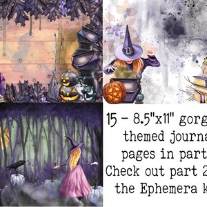 May include: A set of 15 printable 8.5" x 11" Halloween themed journal pages. The pages feature a witch, a cauldron, a frog, a book, and other Halloween imagery. The text on the image reads "15 - 8.5"x11" gorgeous themed journal pages in part 1! Check out part 2 for the Ephemera kit!"
