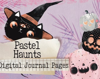 May include: Digital journal pages with a pastel Halloween theme. The image features a black cat wearing a witch hat, and a stack of pumpkins. The text "Pastel Haunts" and "Digital Journal Pages" is also included.