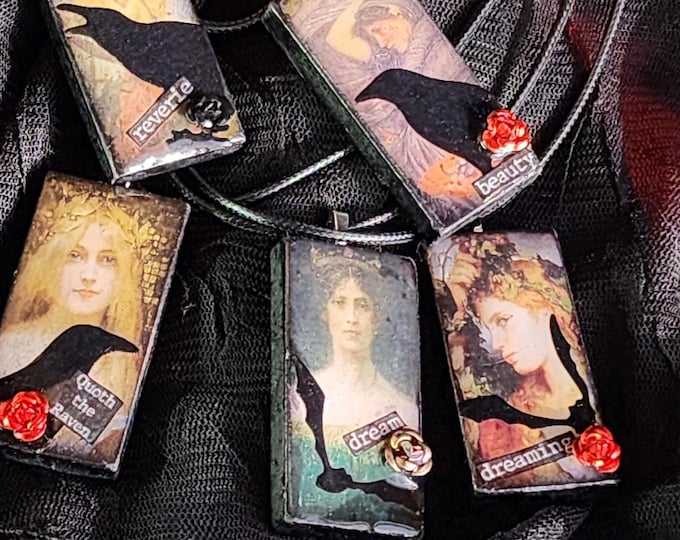 Featured listing image: Gothic Altered Domino Tile Pendant Necklace - Jewelry - Edgar Allan Poe - Handmade - Resin - Skull - Raven - Poetry -Renaissance Artwork