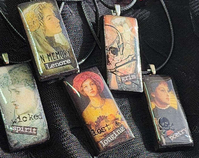 Featured listing image: Gothic Altered Mini Domino Tile Pendant Necklace - Jewelry - Edgar Allan Poe - Handmade - Resin - Skull - Raven - Poetry -Renaissance Art