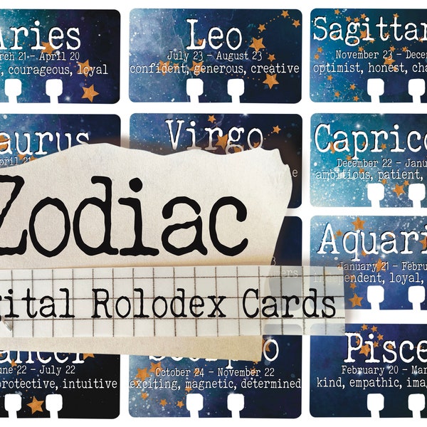 Zodiac Rolodex Cards - Astrology - Word Sheet-  Printable Journal Embellishment - Scrapbooking- Grimoire - Instant Download - Digital