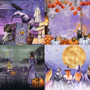 May include: A collage of four images with a Halloween theme. The top left image shows a skull, a book with an eye on the cover, and a raven perched on a wooden surface. The top right image shows a black cat, pumpkins, and red lanterns. The bottom left image shows a witch standing in a forest with a cauldron and a raven. The bottom right image shows five witches standing in front of a full moon.