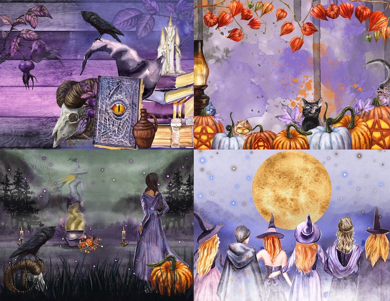 May include: A collage of four images with a Halloween theme. The top left image shows a skull, a book with an eye on the cover, and a raven perched on a wooden surface. The top right image shows a black cat, pumpkins, and red lanterns. The bottom left image shows a witch standing in a forest with a cauldron and a raven. The bottom right image shows five witches standing in front of a full moon.
