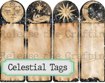 Celestial Tags - Witchcraft - Printable Journal Embellishment - Book of Shadows- Grimoire - Scrapbooking- Spell craft - Digital Download