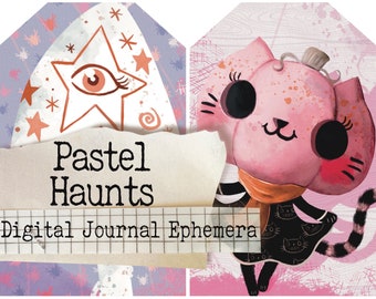 May include: Two digital journal ephemera tags with a pastel color scheme. The first tag features a star with an eye in the center and the text "Pastel Haunts" and "Digital Journal Ephemera". The second tag features a pink cat with a black dress and a brown scarf.