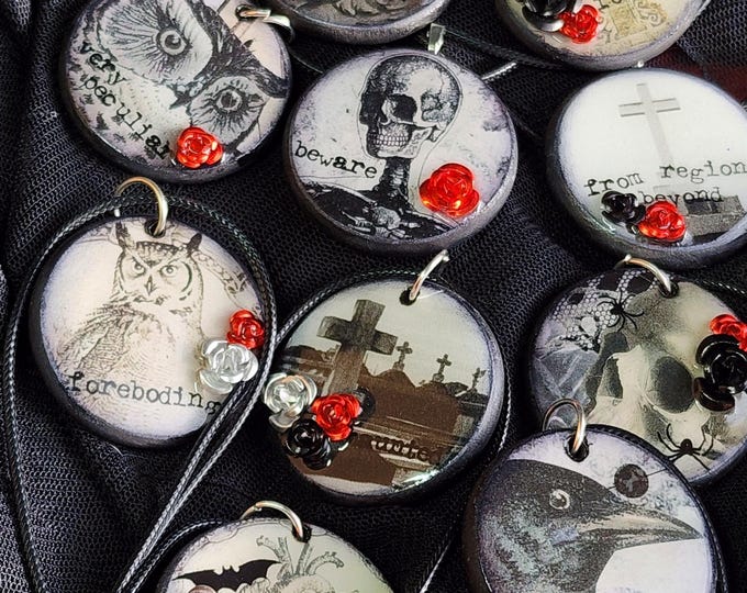 Featured listing image: Gothic Altered Wooden Disc Pendant Necklace - Jewelry - Edgar Allan Poe - Handmade - Resin - Skull - Bat - Raven - Owl - Graveyard - Angel
