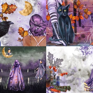 May include: A collage of four images with a Halloween theme. The first image shows a witch in a blue dress with a black raven on her shoulder. The second image shows a woman with purple hair and a black cat. The third image shows a group of witches in purple robes. The fourth image shows a black cat sitting next to a book with the word "potion" on it.