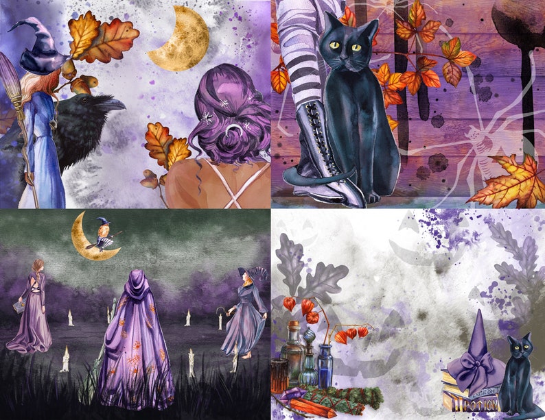 May include: A collage of four images with a Halloween theme. The first image shows a witch in a blue dress with a black raven on her shoulder. The second image shows a woman with purple hair and a black cat. The third image shows a group of witches in purple robes. The fourth image shows a black cat sitting next to a book with the word "potion" on it.