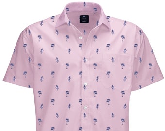 Fun Shirt For Mens Button-up, Hula Girl Palms Pink Button Down Short Sleeve Shirts